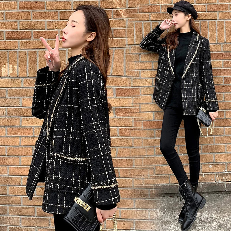 High-Quality Plaid Suit Jacket Female New Spring Self-Cultivation Temperament Mid-Length and Small Fragrance Suit Jacket Women