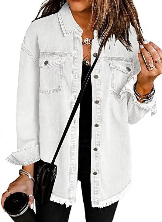 Denim Jacket for Women Long Sleeve Boyfriend Jean Jacket Loose Coat White M Female