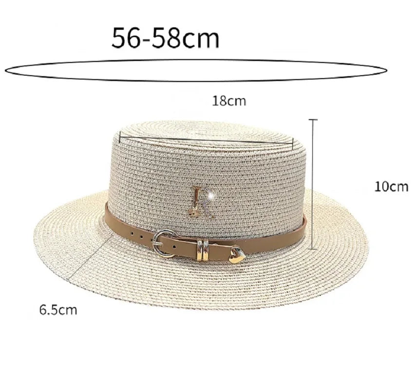 Summer Sun Hat Flat Top Straw Hats for Women New Metal R Letter Fashionable Beach Sun Hat Females Travel Holidays Boater Hat