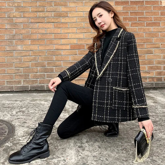 High-Quality Plaid Suit Jacket Female New Spring Self-Cultivation Temperament Mid-Length and Small Fragrance Suit Jacket Women